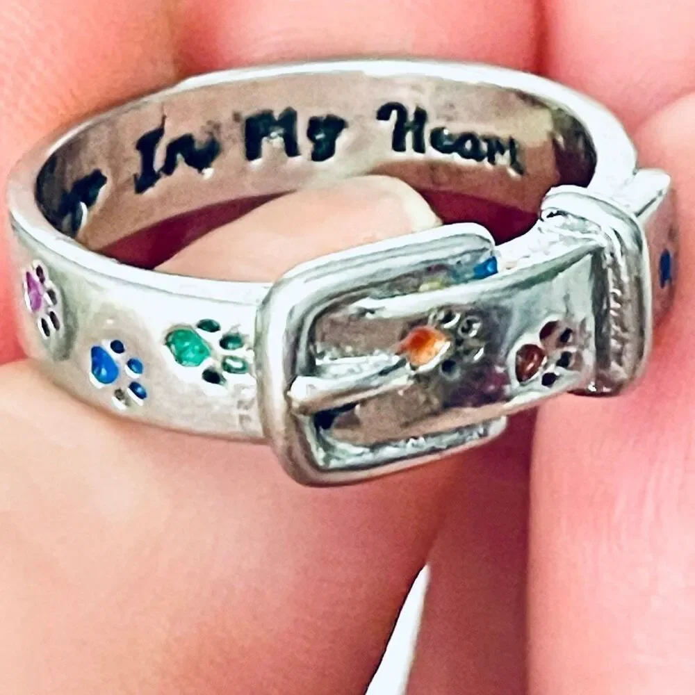 NWT Pet Collar Ring Sz 11 /Rainbow Dog Cat Paw Print engraved Always in my Heart
